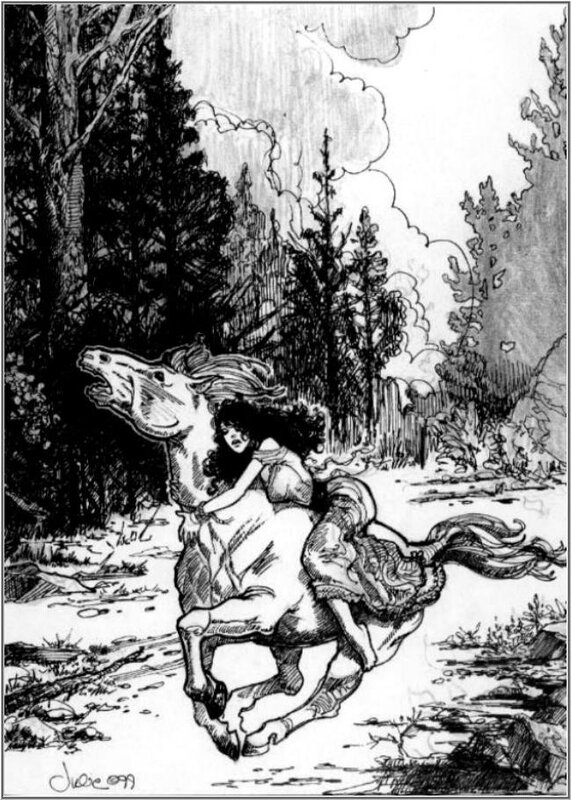 woman riding a horse through forest