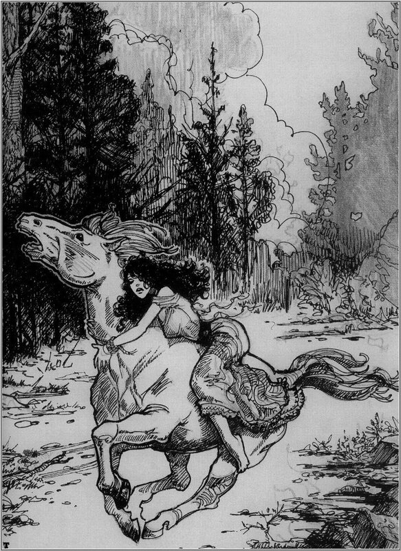 Woman riding a horse through forest