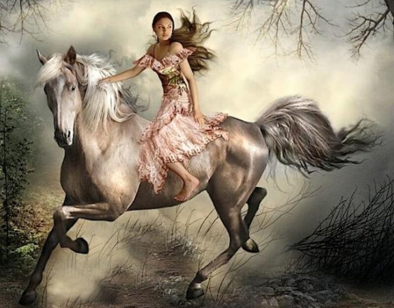 Woman Riding a Horse — White