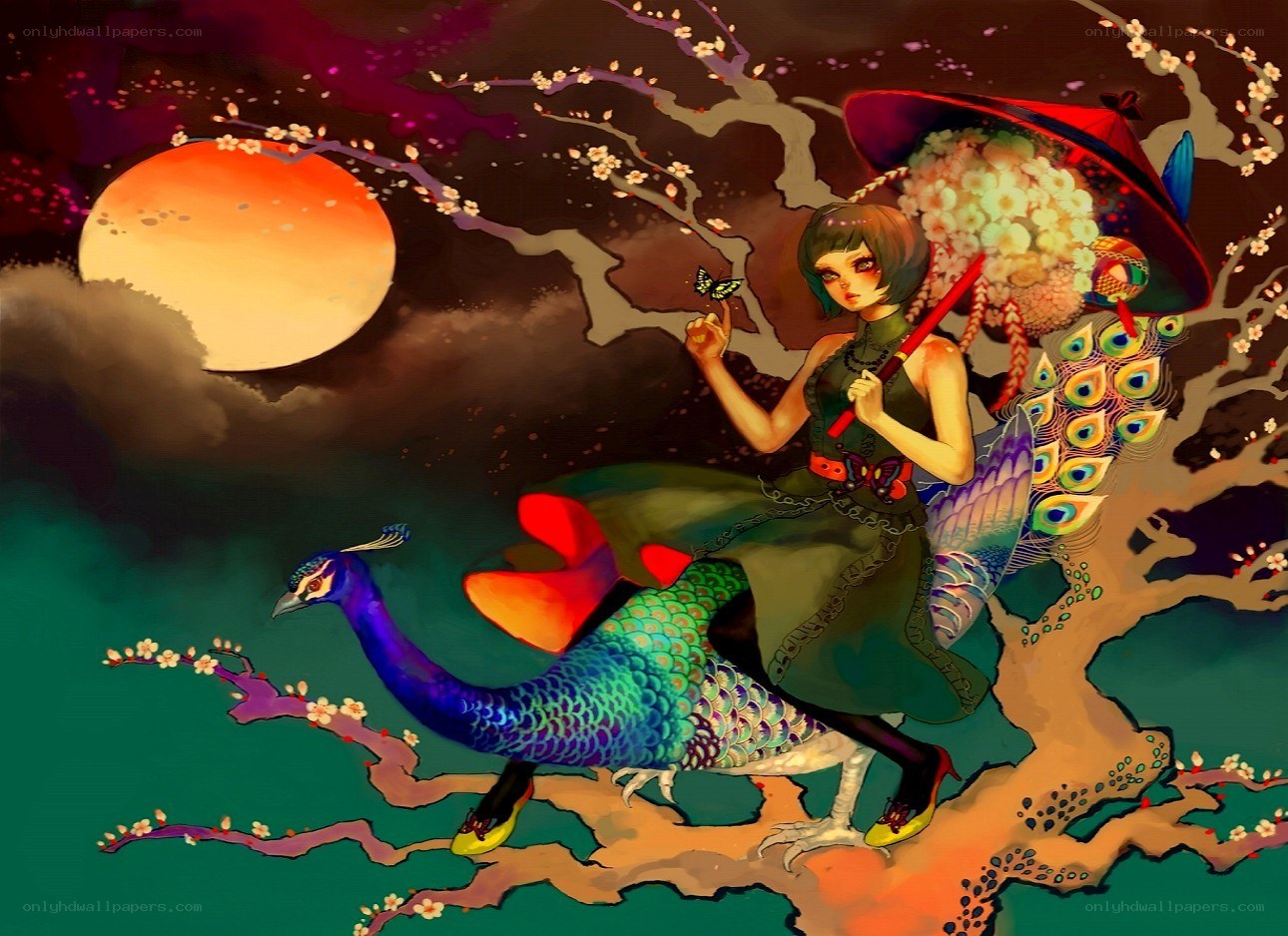 woman riding a peacock