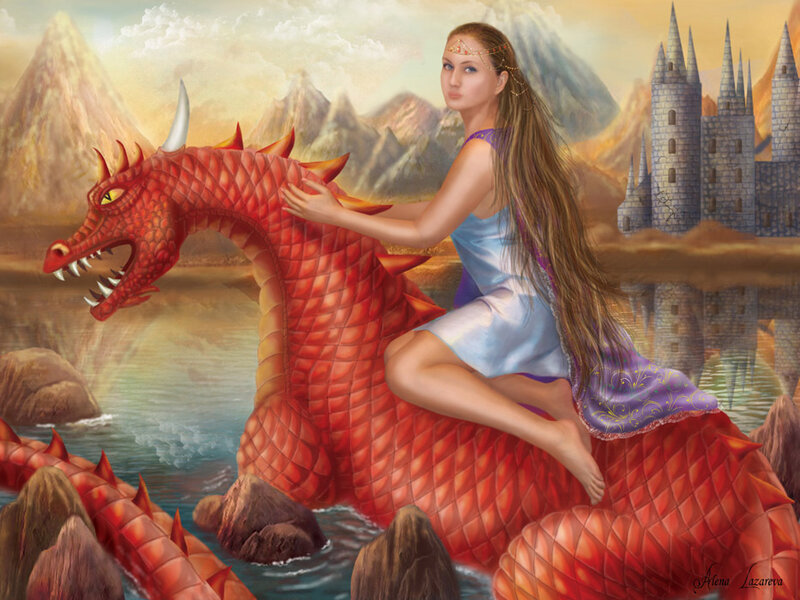 woman riding a red dragon