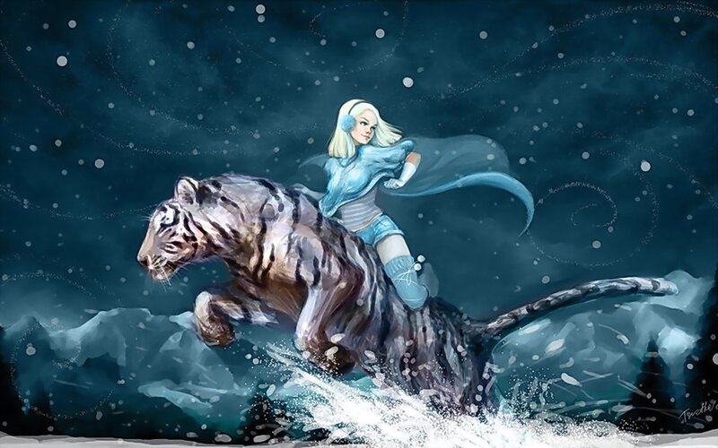 woman riding a tiger in snow