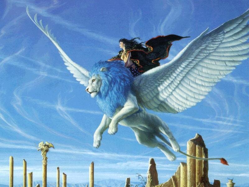 woman riding a winged lion