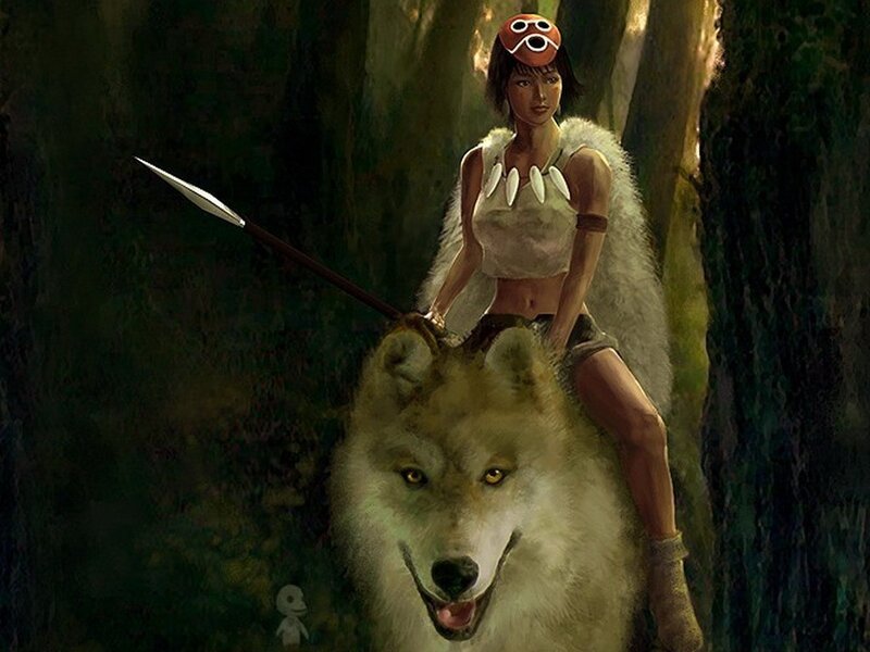 woman riding a wolf in forest