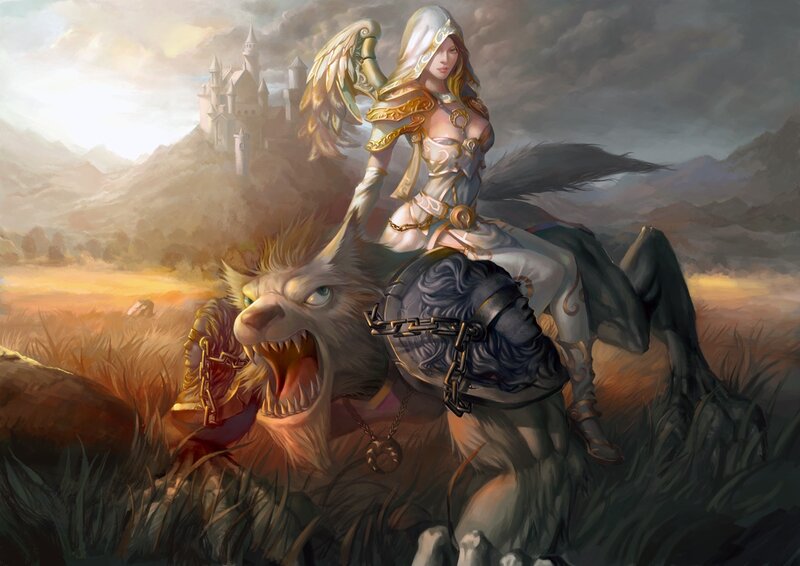 Woman Riding a Wolf — White