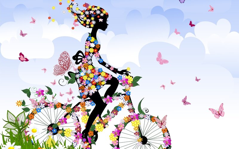 Woman Riding Bicycle — Blue, Serene, Spring, Illustration