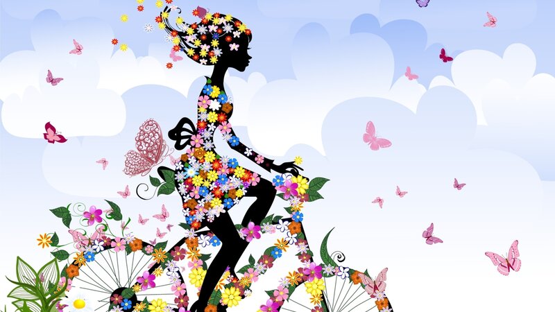 Woman Riding Bicycle — Blue, Serene, Spring