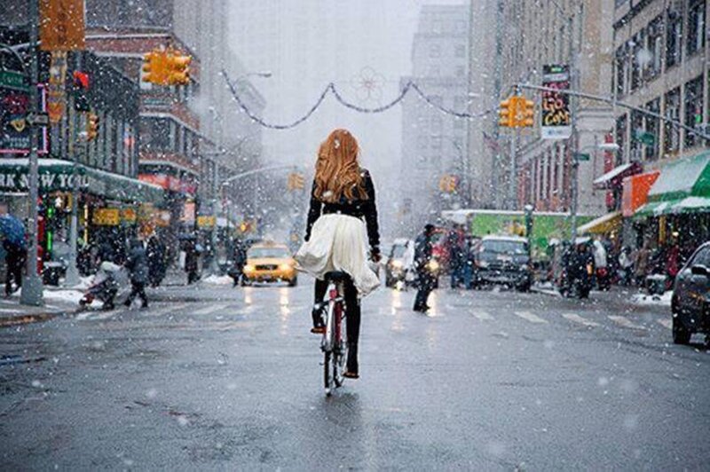 Woman Riding Bicycle — Gray, Cold