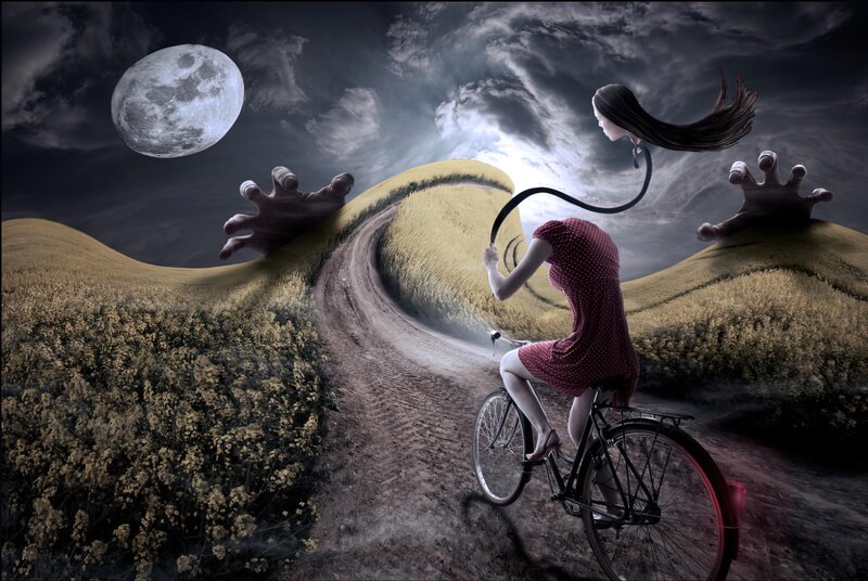 Woman Riding Bicycle — Gray, Dramatic