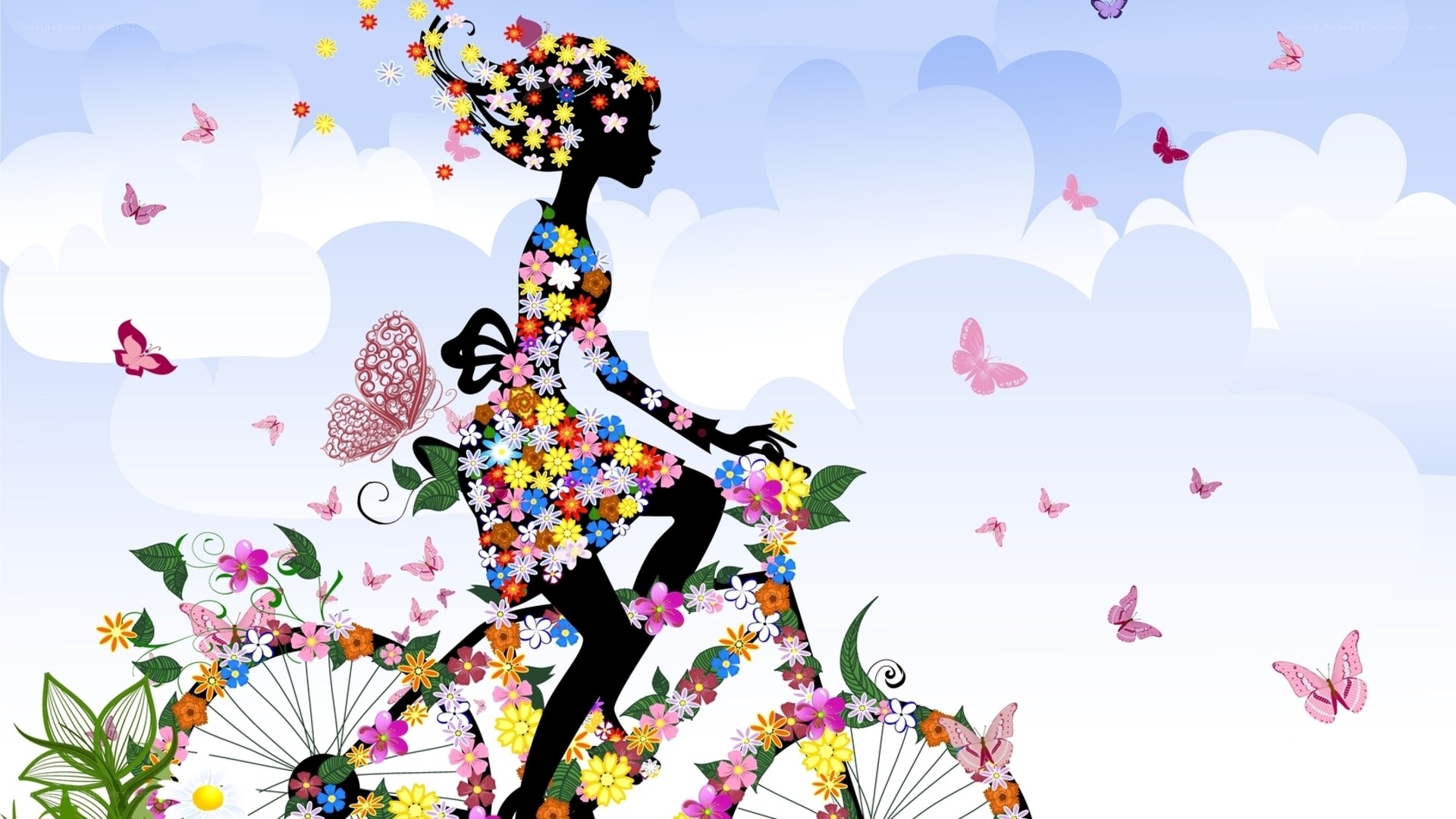 woman riding bicycle with flowers