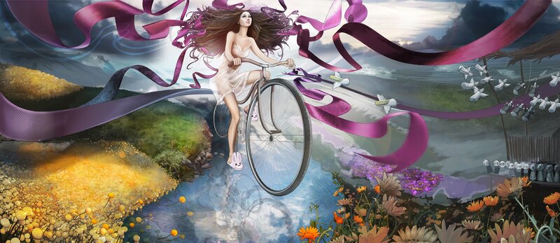 woman riding bicycle with ribbons