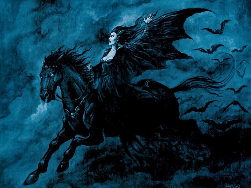 Woman Riding Black Horse — Blue