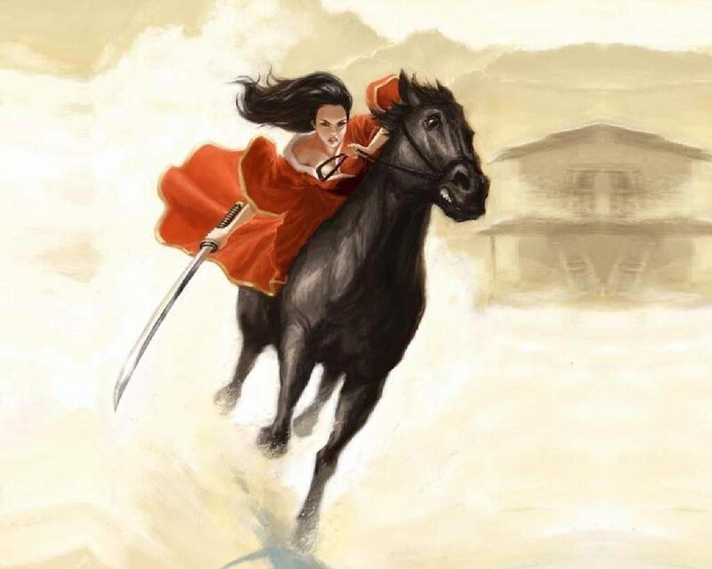 Woman Riding Black Horse — Dramatic, Digital Art