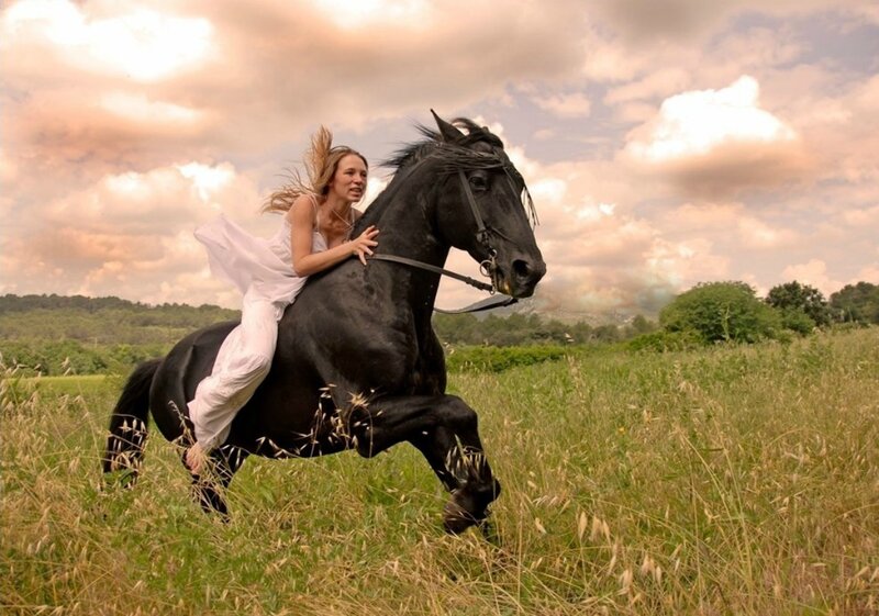 Woman Riding Black Horse — Green, Dramatic