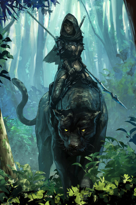 Woman Riding Black Panther — Green, Dramatic