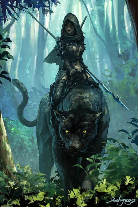 Woman Riding Black Panther — Green