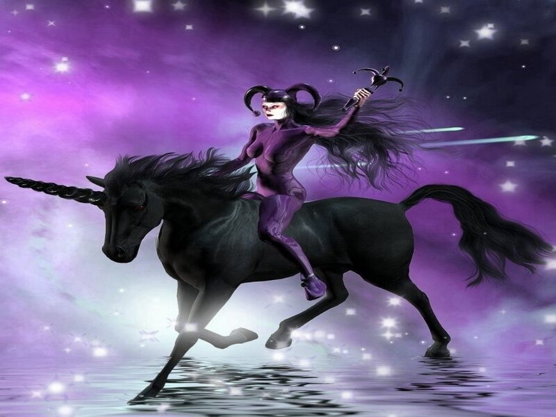 Woman Riding Black Unicorn