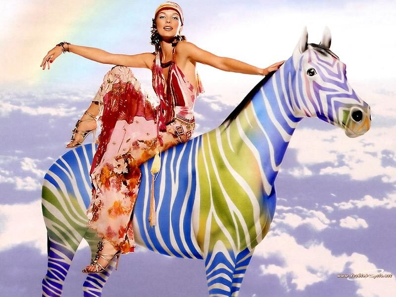 woman riding colorful zebra