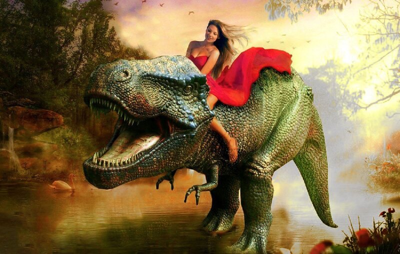 Woman Riding Dinosaur — Green