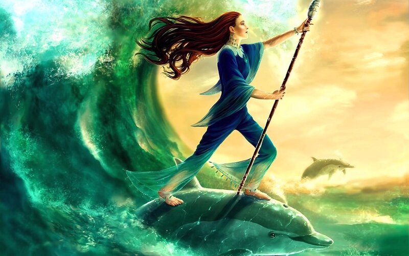 Woman Riding Dolphin — Green
