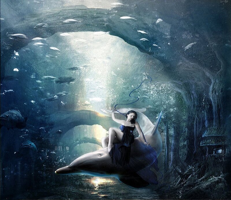 woman riding dolphin underwater