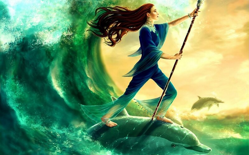 woman riding dolphin with staff