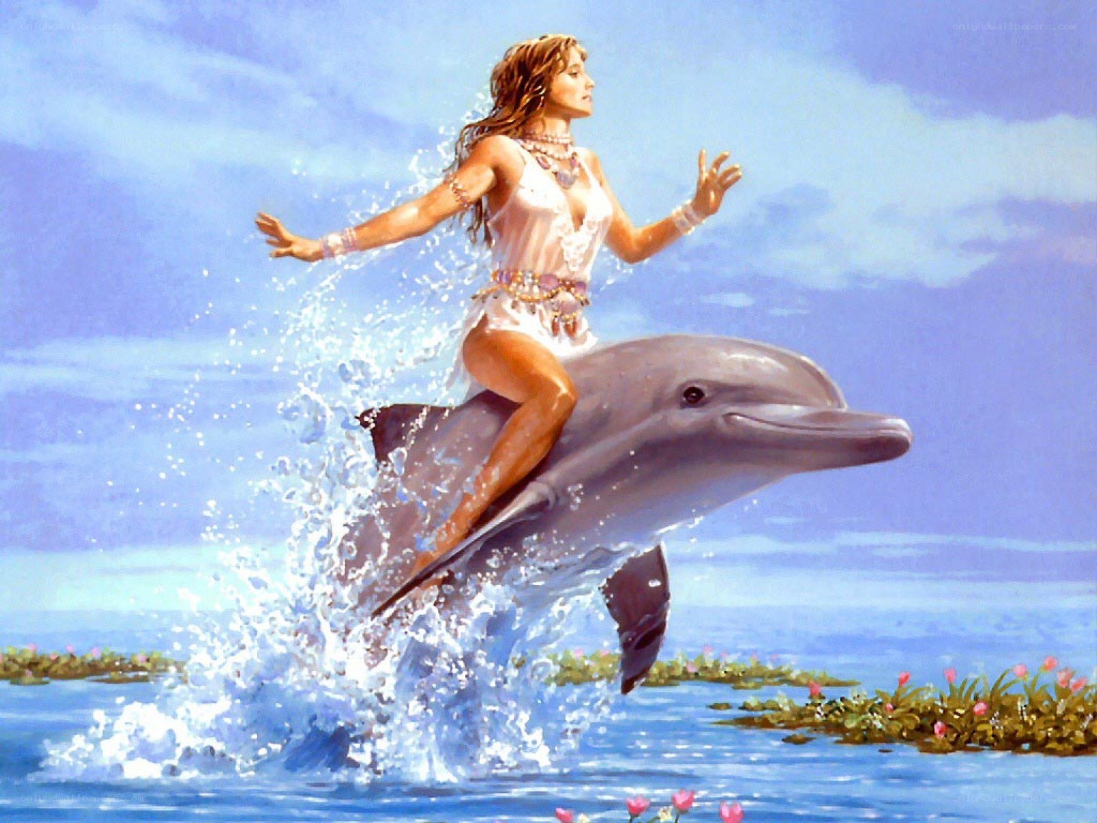 woman riding dolphin