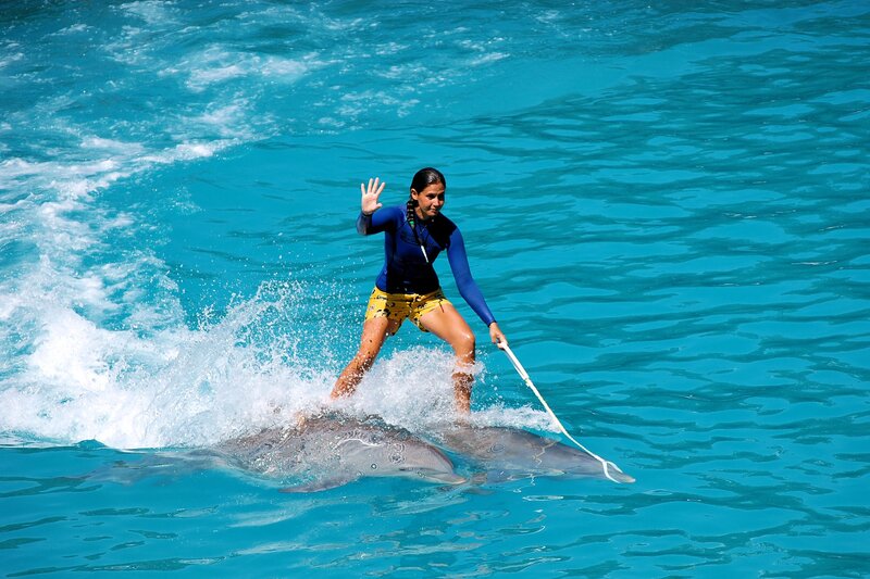 Woman riding dolphins in water