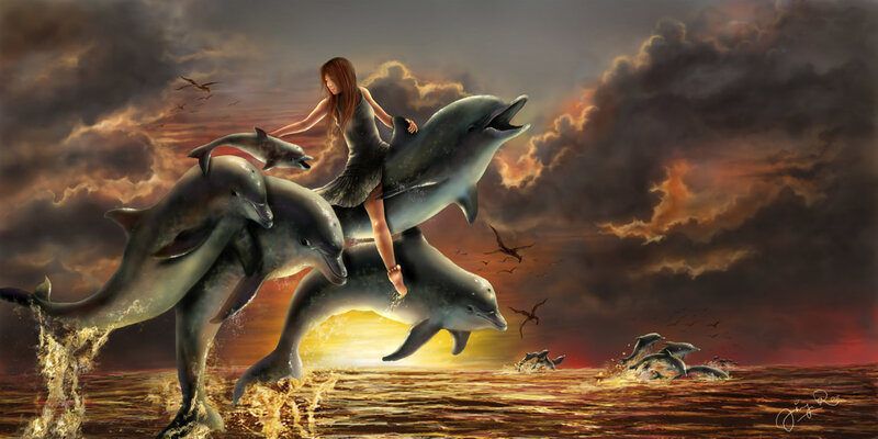 Woman Riding Dolphins