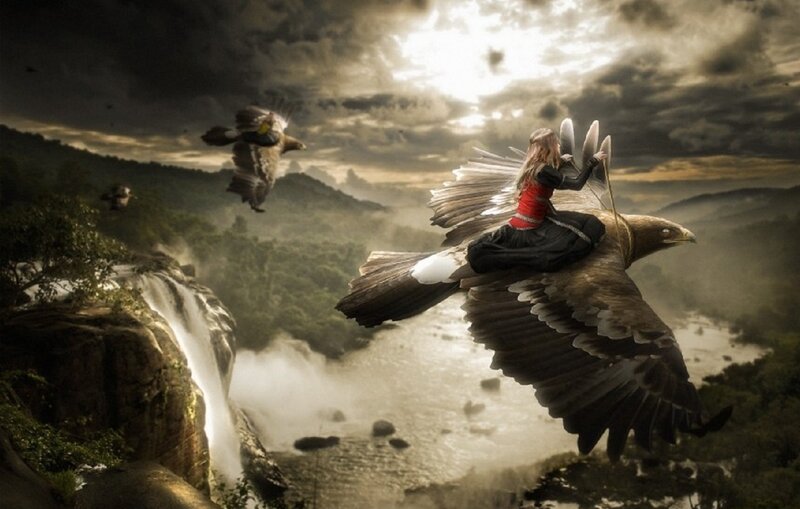 Woman Riding Eagle — Brown