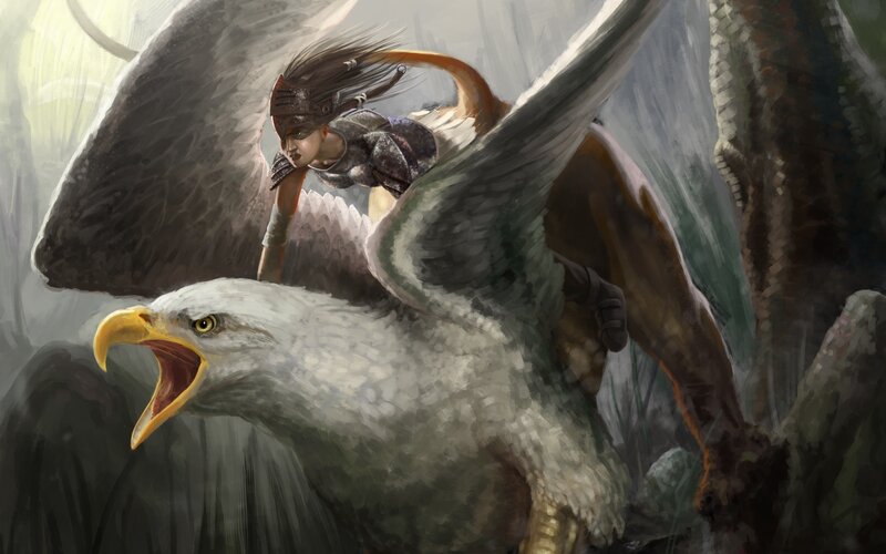 Woman Riding Eagle — Gray, Dramatic, Digital Art, Armor