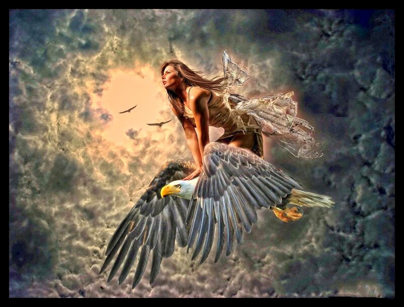 Woman Riding Eagle — Gray, Dramatic, Sunset