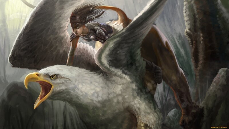 Woman Riding Eagle — Gray, Dramatic