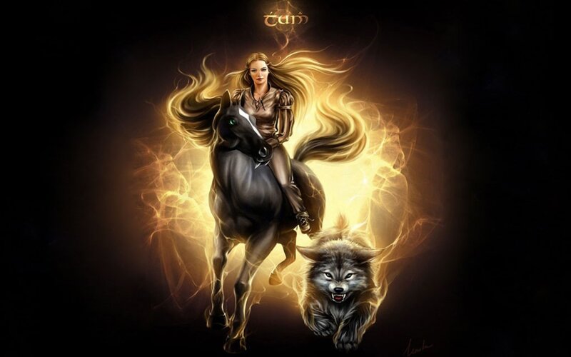 Woman Riding Horse — Black, Dramatic, Digital Art