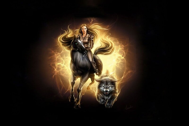 Woman Riding Horse — Black, Dramatic, Night, Digital Art