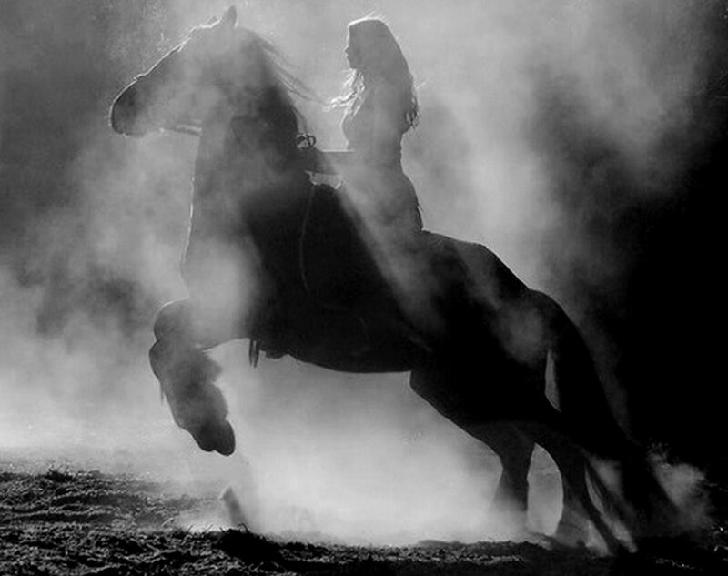 Woman Riding Horse — Black, Dramatic, Photograph