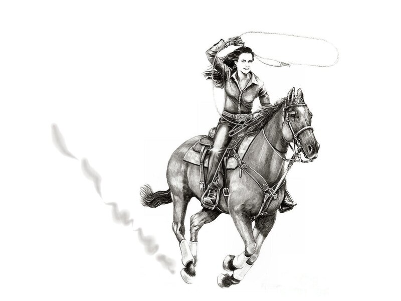 Woman Riding Horse — Black, Dynamic, Illustration