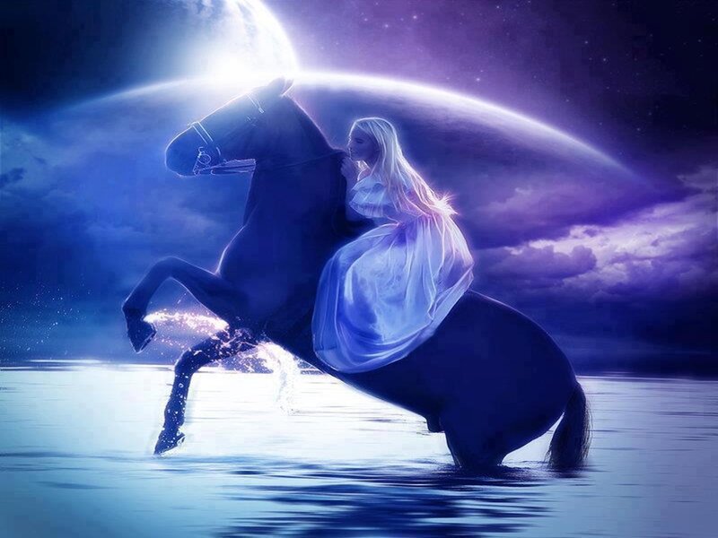 Woman Riding Horse — Blue, Dramatic, Night