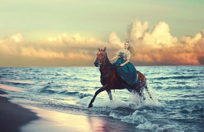 Woman Riding Horse — Blue, Dramatic, Sunset, Digital Art