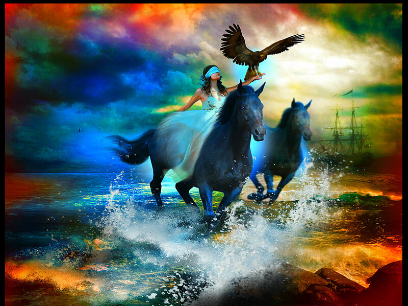 Woman Riding Horse — Blue, Dramatic, Sunset