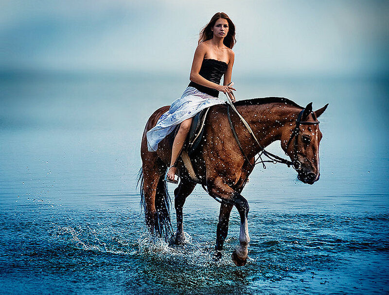 Woman Riding Horse — Blue, Dramatic