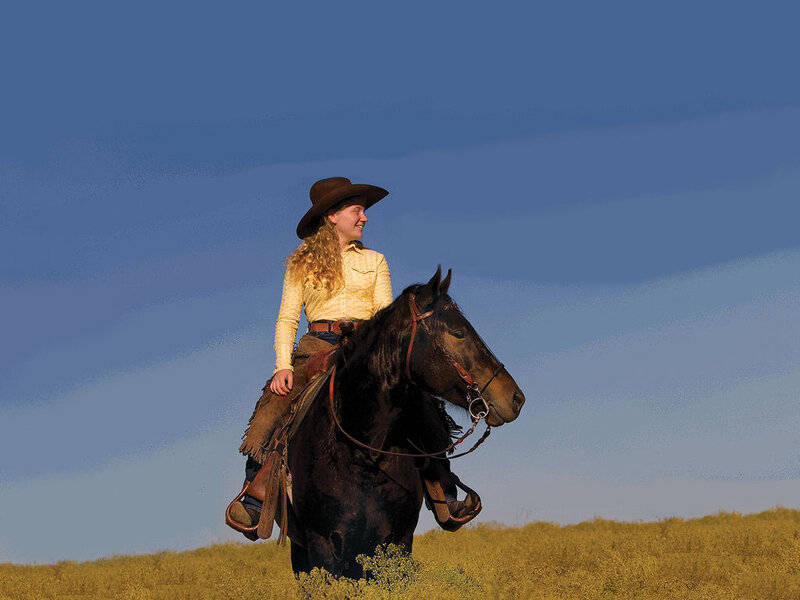 Woman Riding Horse — Blue, Serene, Afternoon