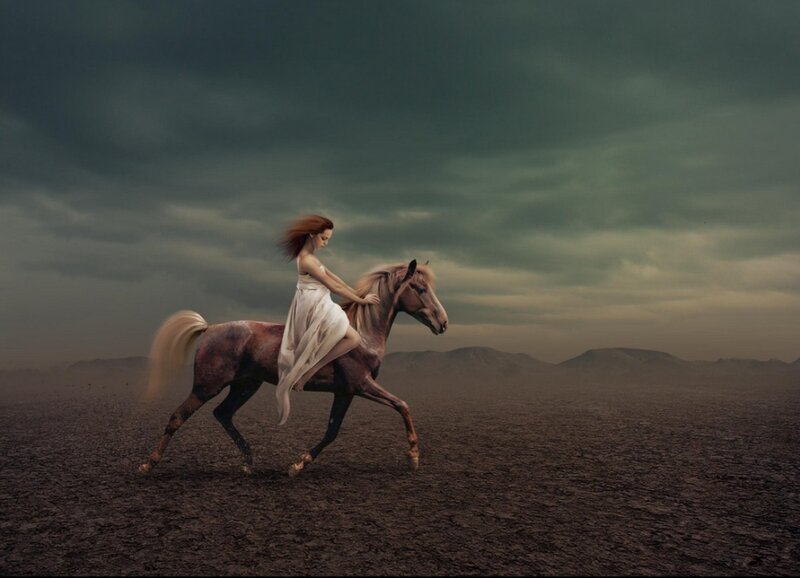 Woman Riding Horse — Brown, Dramatic, Digital Art, Desert