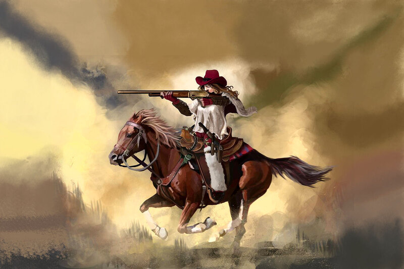 Woman Riding Horse — Brown, Dramatic, Sunset