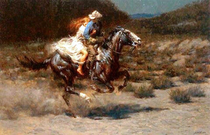 Woman Riding Horse — Brown, Dynamic, Afternoon, Painting