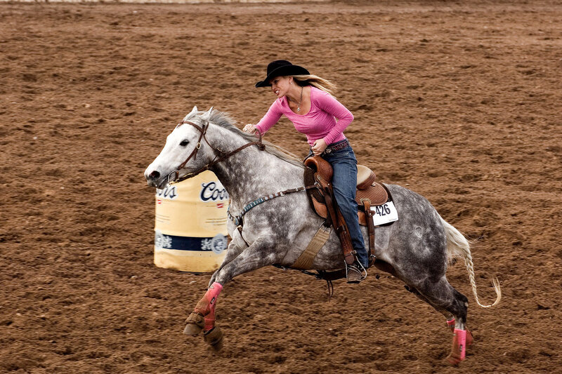Woman Riding Horse — Brown, Dynamic, Photograph, Barrel