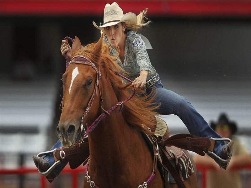 Woman Riding Horse — Brown, Dynamic, Photograph, Cowboy Hat