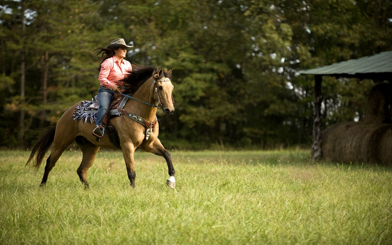 Woman Riding Horse — Green, Calm