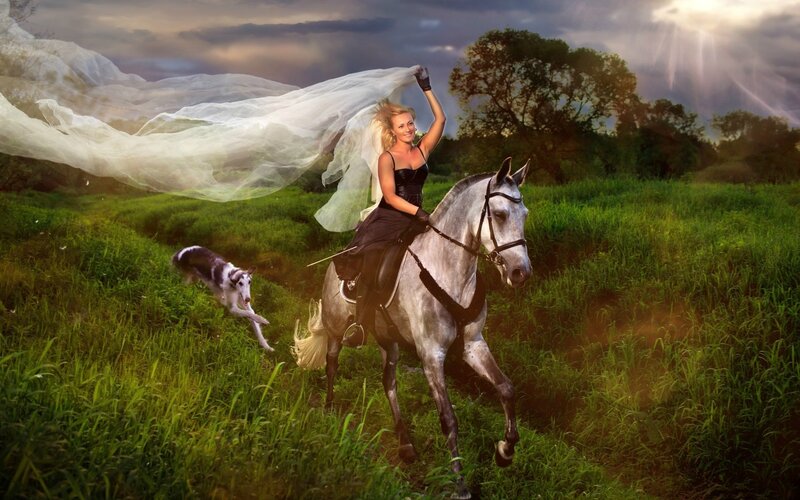 Woman Riding Horse — Green, Dramatic