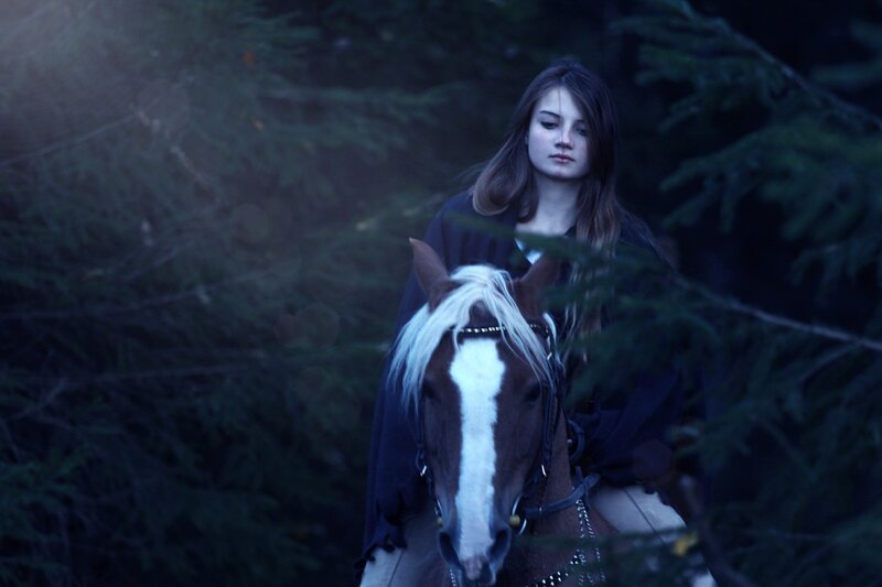 woman riding horse in forest
